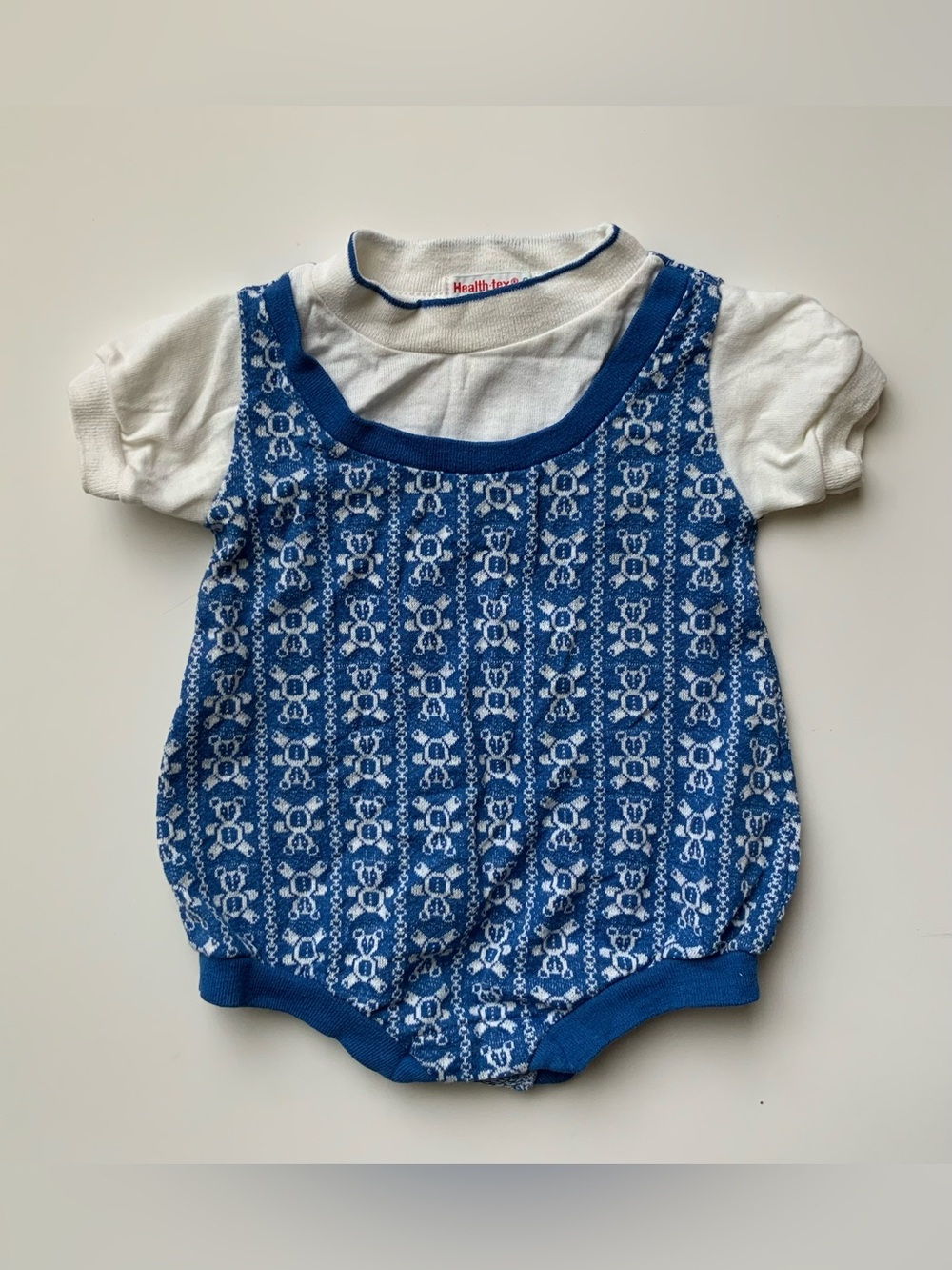 Vintage 70s Health-tex Blue and White Knit Baby Romper